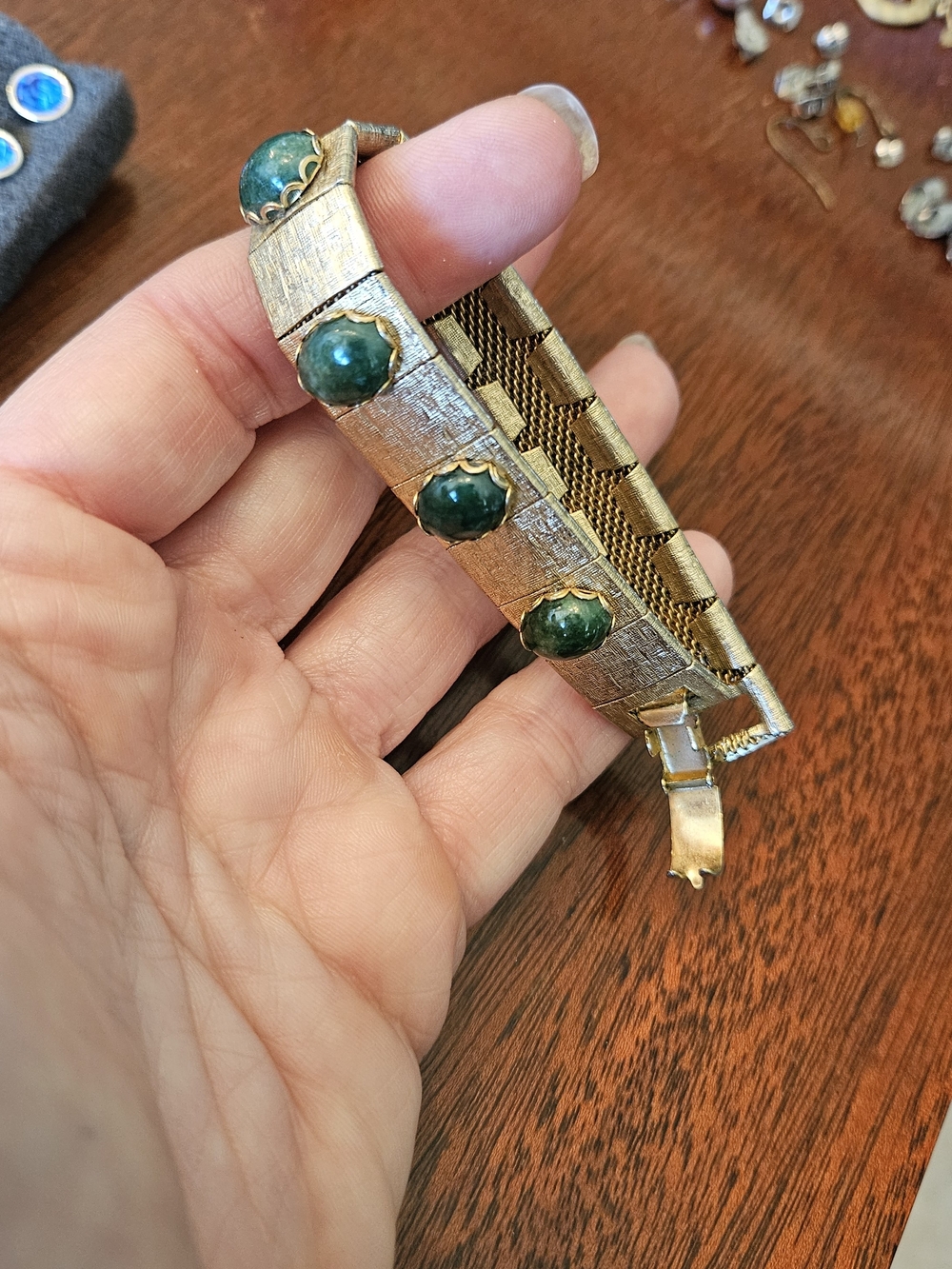 Ruby Lane Vintage Gold-Tone Bracelet with Jade Green Stone Accents